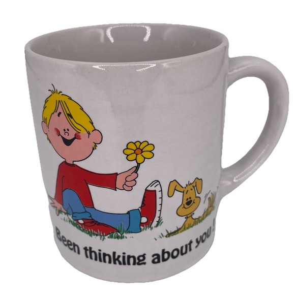 Apple Trading Rainfall Greetings Other - VTG 'Been Thinking About You' 10oz Ceramic Mug Cartoon Blonde Boy And Yellow Dog